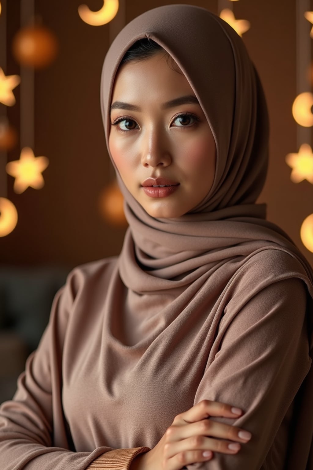 a stunning woman with an elegantly styled hijab and modest festive attire , capturing the essence of Ramadan traditions in a room decorated with crescent moons and stars