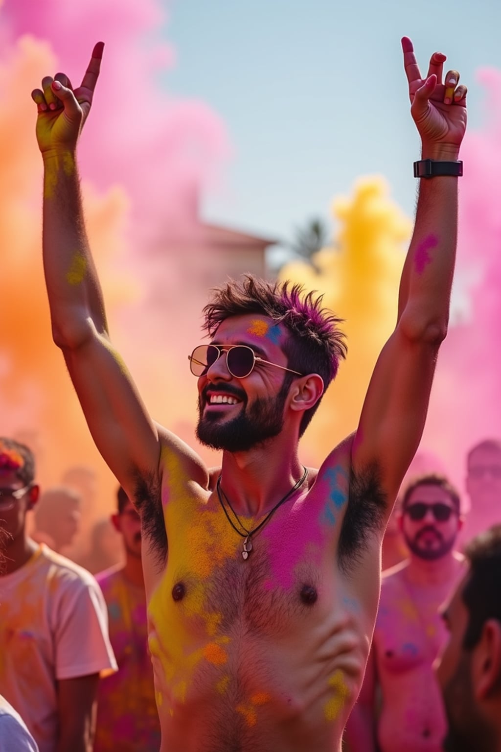 a man with  arms raised in celebration covered in colorful powders, standing out in the festival crowd with vibrant color clouds surrounding them