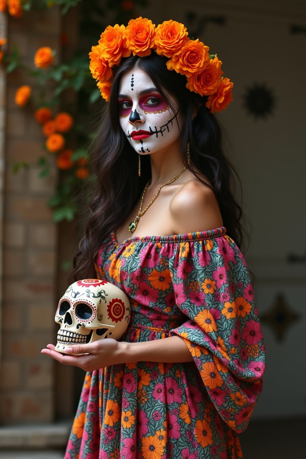 a woman in a flowing traditional dress with floral patterns , embodying the joyful and spiritual nature of Day of the Dead, with a sugar skull or marigold in hand