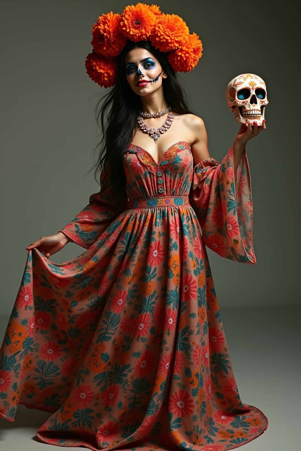 a woman in a flowing traditional dress with floral patterns , embodying the joyful and spiritual nature of Day of the Dead, with a sugar skull or marigold in hand