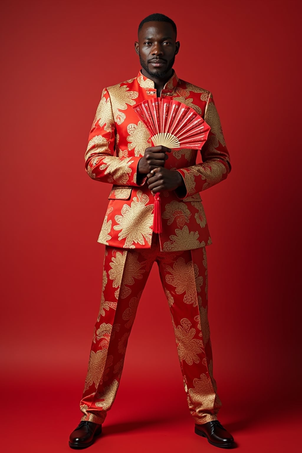 a man in  a festive Tang suit with traditional elements, embodying the joyful and prosperous nature of Chinese New Year, with a red fan or lucky ornament in hand