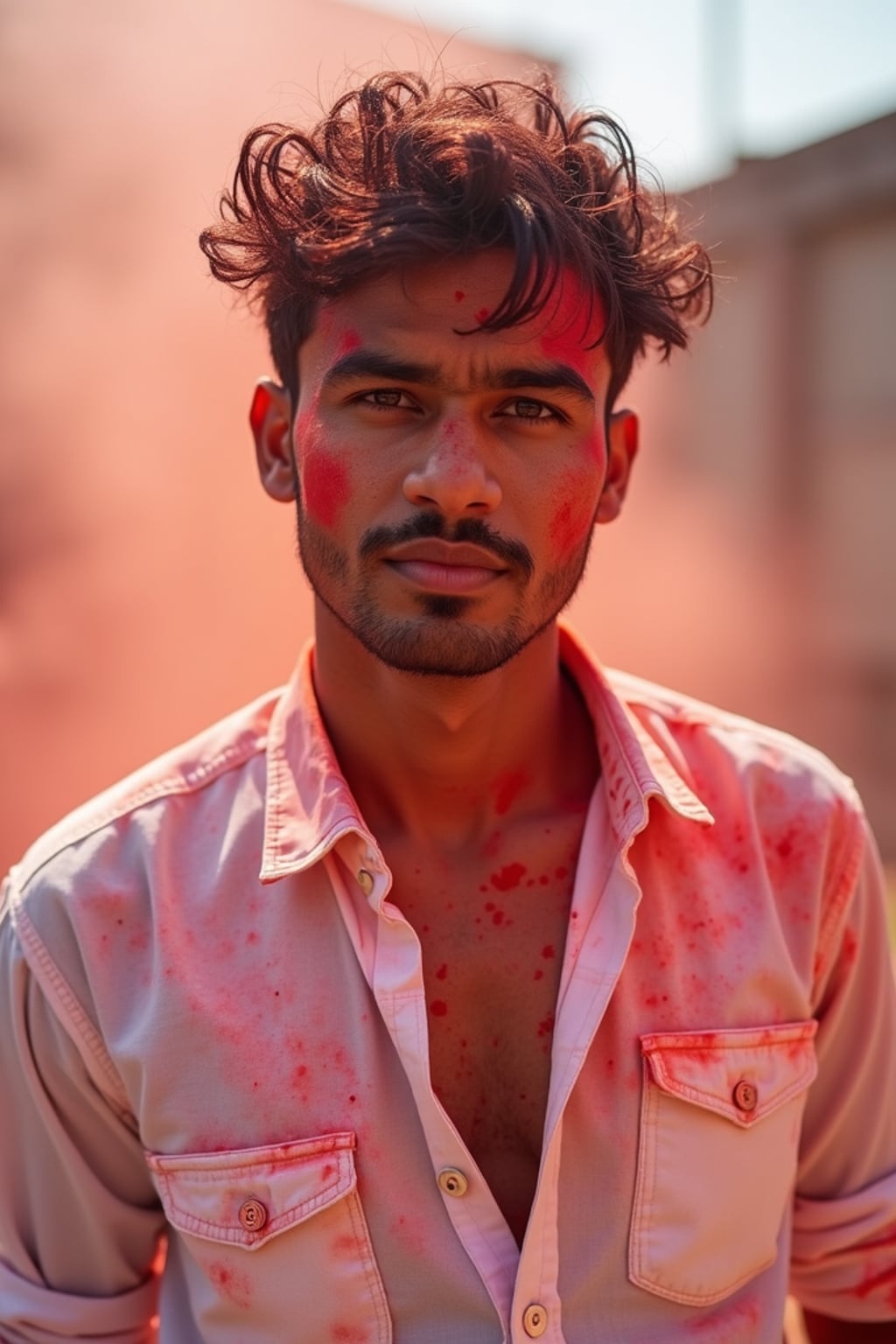 a stunning man in  white clothes now stained with festival pigments, embodying the transformation and renewal symbolism of the Holi festival