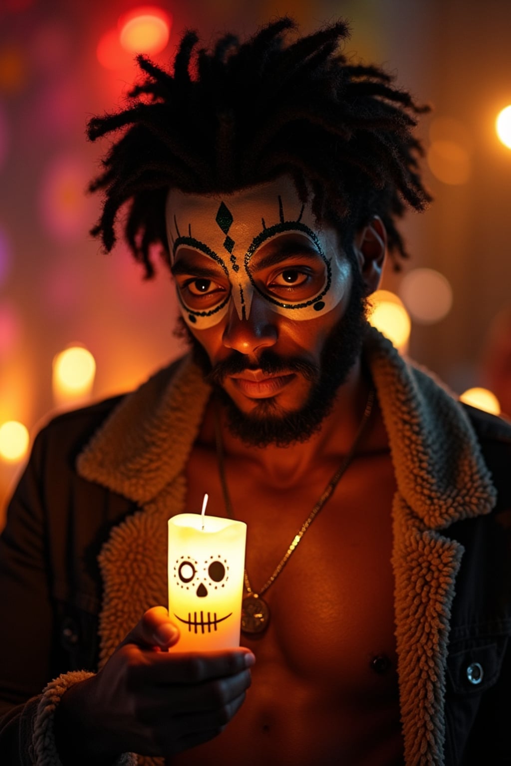 a man with  a respectful look while participating in a candlelight vigil, adding a meaningful quality to their celebration, with sugar skulls and papel picado visible in the background