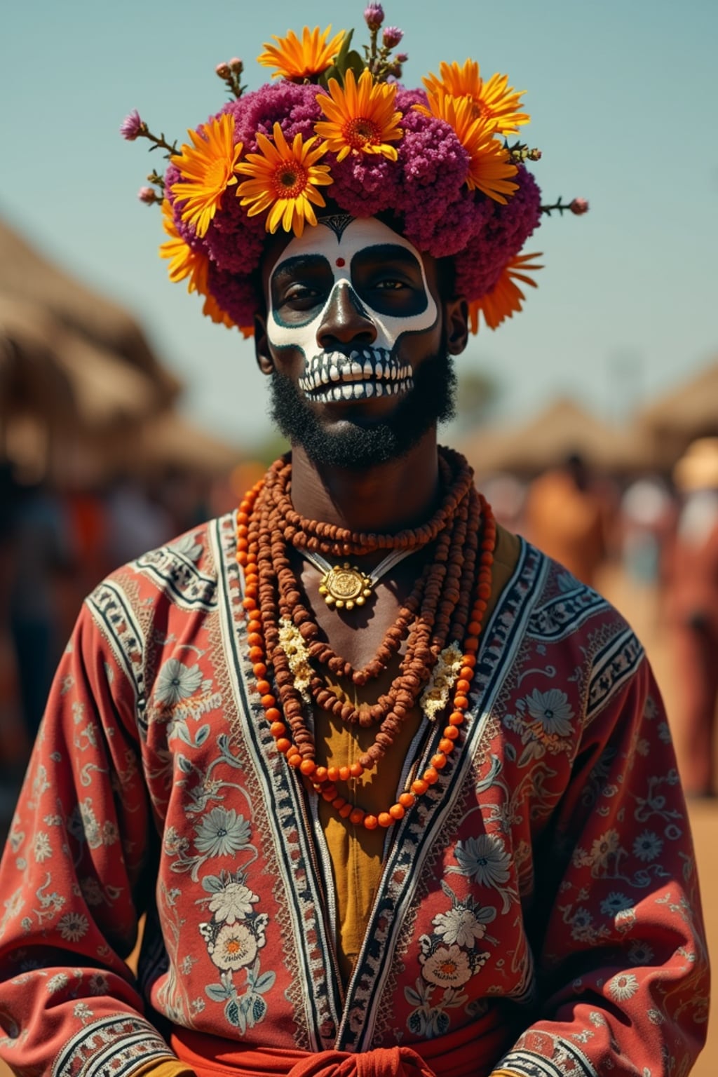 a man in  a modern take on traditional clothes, embodying the balance of tradition and contemporary life during Day of the Dead