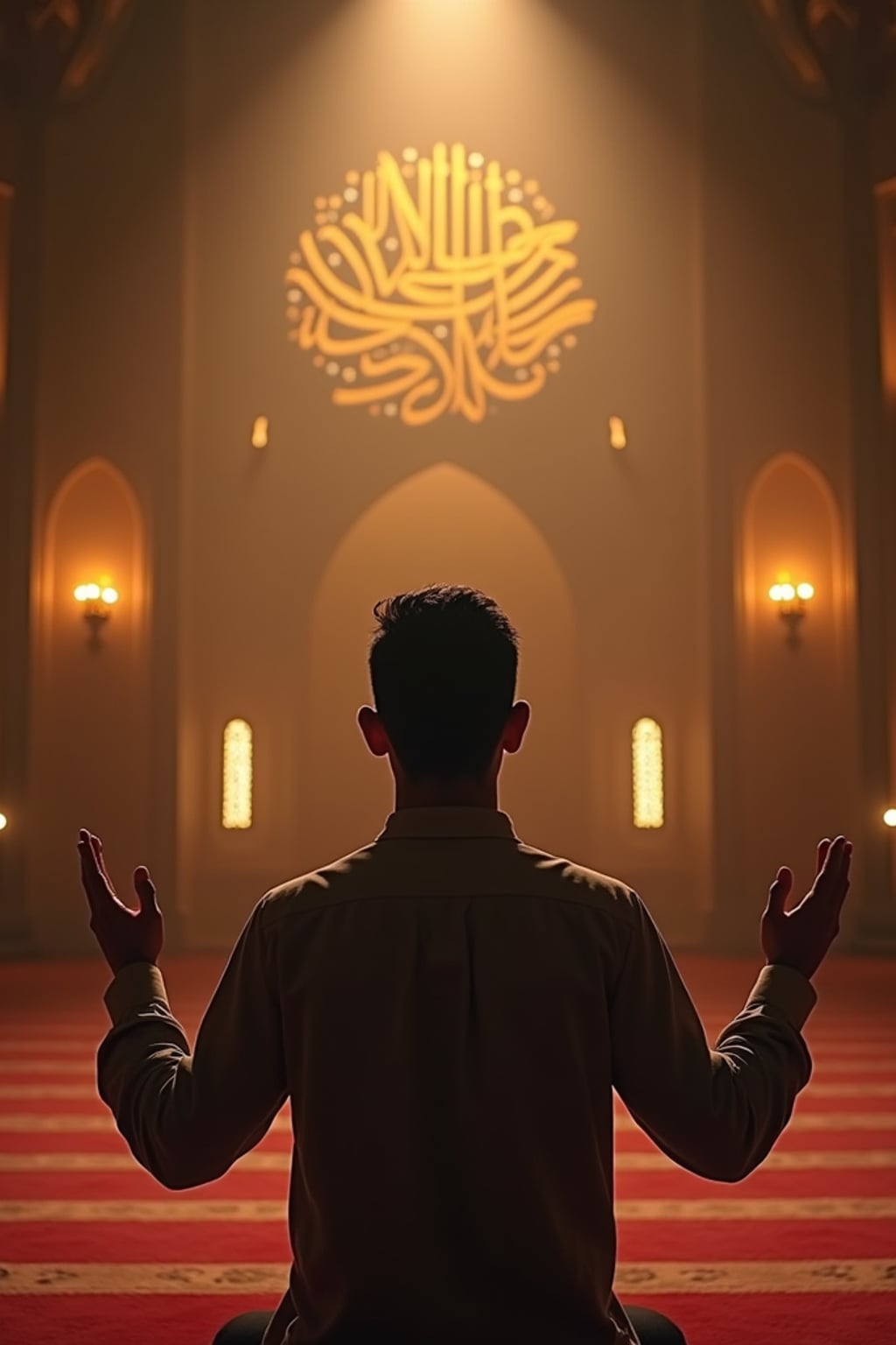 a man with  hands raised in dua prayer, standing out in a beautifully decorated prayer space with soft lighting and Islamic calligraphy