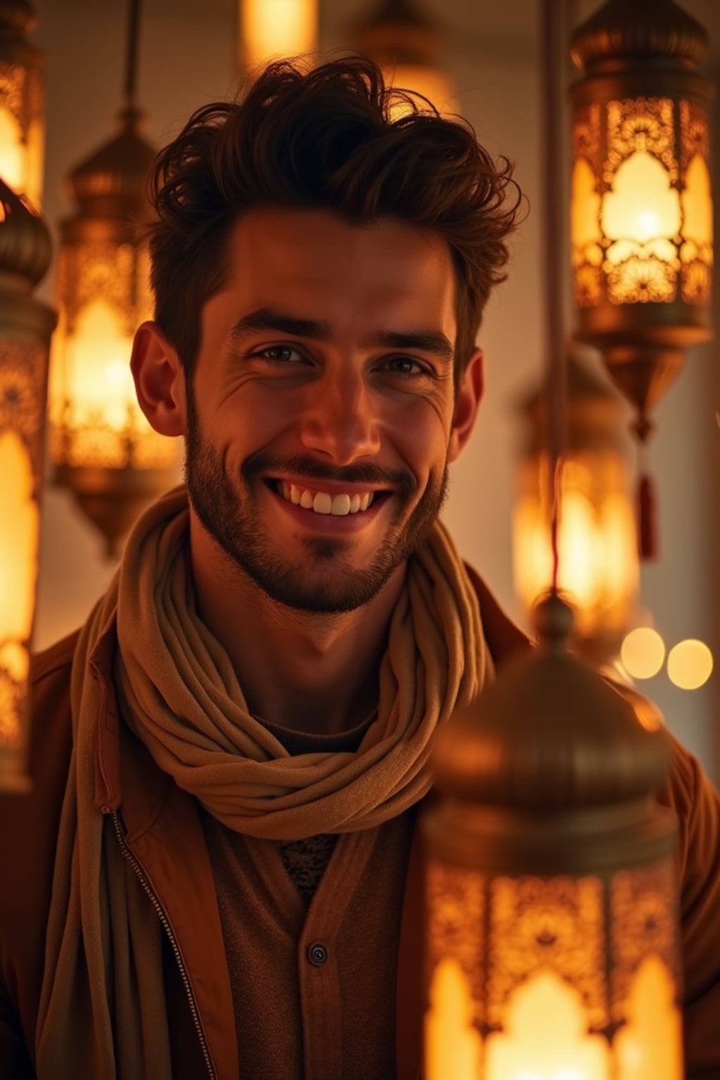 a stunning man surrounded by  traditional lanterns and Islamic art, capturing the sense of joy and family connection during the holiday