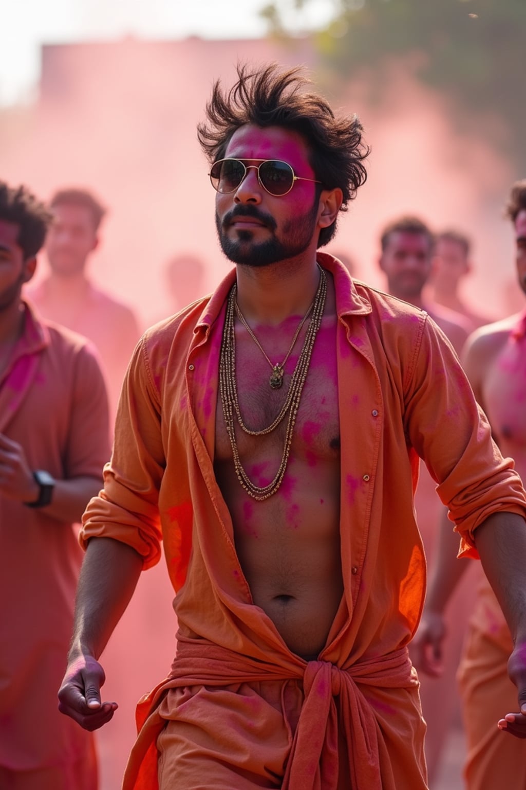 a man in traditional Indian attire splashed with Holi colors, dancing with  fellow festival participants, capturing the energetic and playful atmosphere of the festival