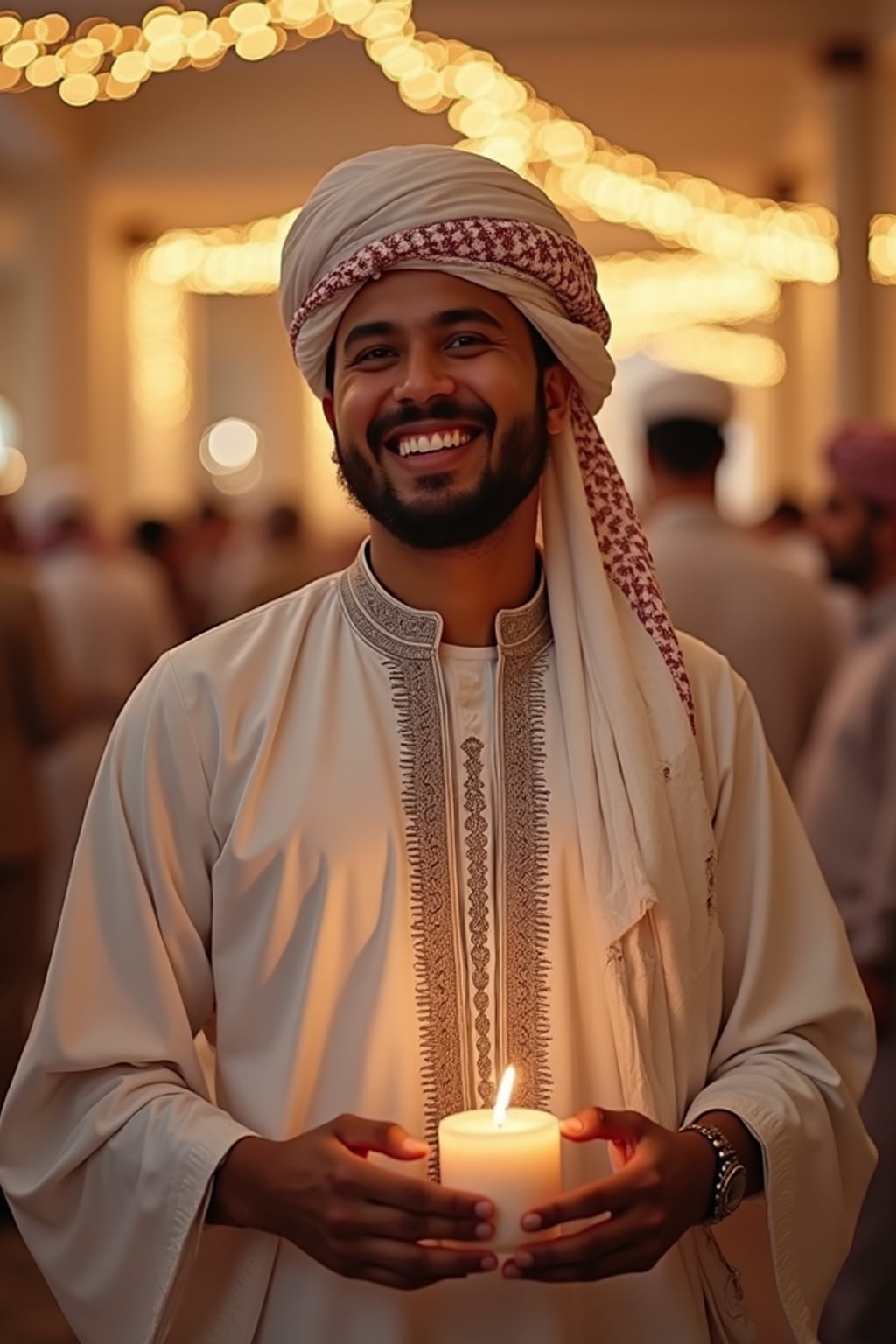 a stunning man in  traditional Eid attire, embodying the joy and gratitude at the culmination of Ramadan