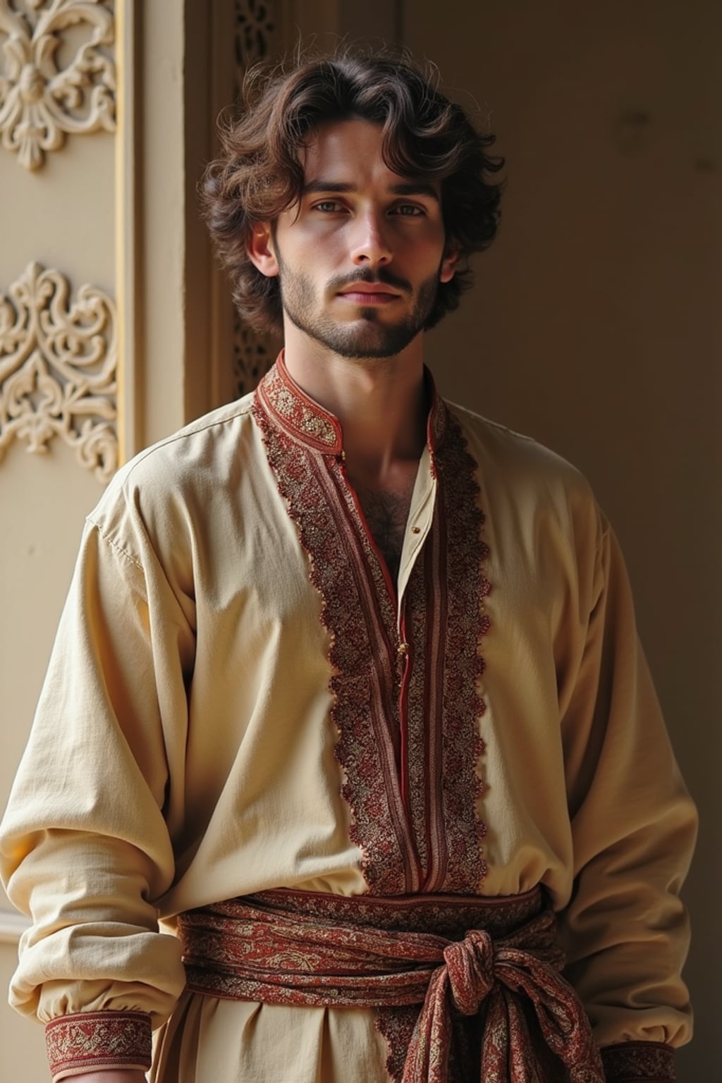 a man in  a modern take on traditional clothes, embodying the balance of tradition and contemporary life during Eid
