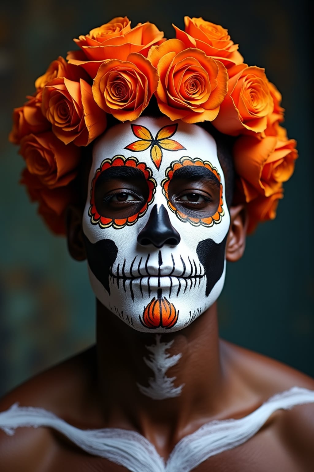 a man with  face with elegant sugar skull painting, capturing the duality of life and death that defines this important cultural celebration