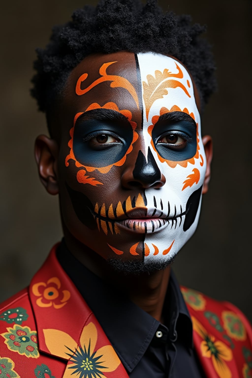 a man with  face with elegant sugar skull painting, capturing the duality of life and death that defines this important cultural celebration