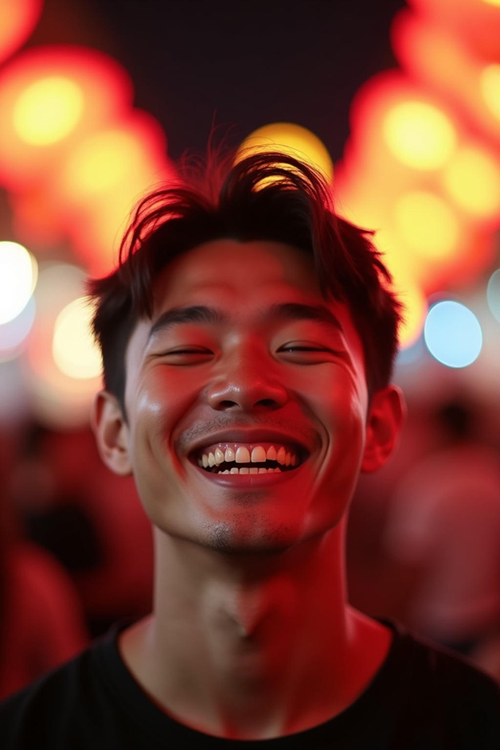 a man with  face with a joyful expression amid festival lights, capturing the excitement that defines this important cultural celebration