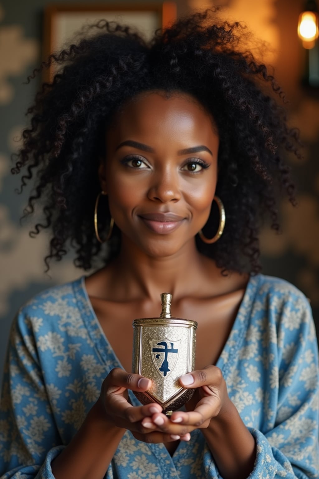 a woman with hands holding a beautifully decorated dreidel , standing out in a beautifully decorated home with blue and silver ornaments and Hebrew calligraphy