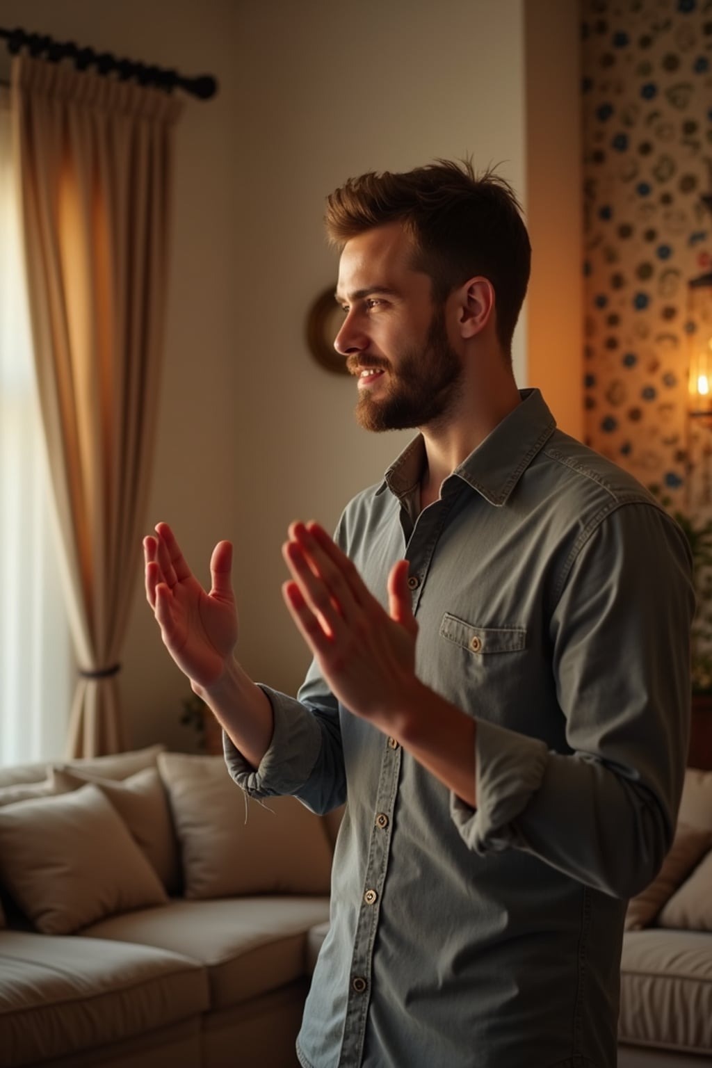 a man with  hands greeting family members, standing out in a beautifully decorated home with soft lighting and Islamic calligraphy