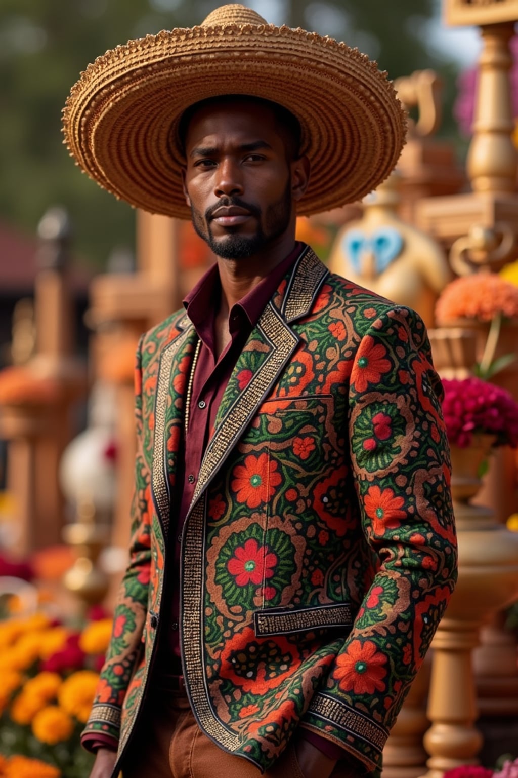 a stunning man in  contemporary fashion with traditional Mexican touches, capturing their festive look against a backdrop of altars and memorial decorations