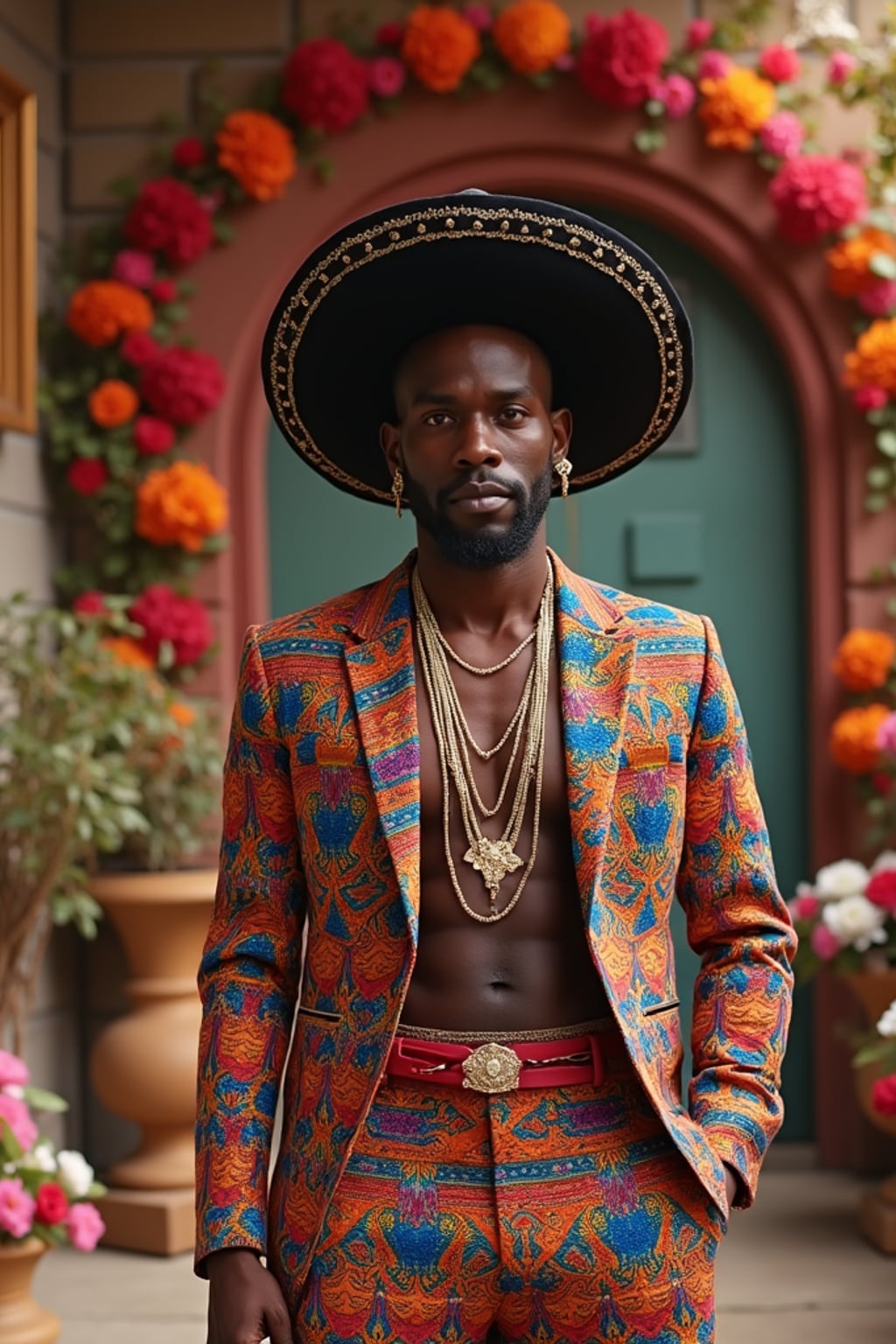 a stunning man in  contemporary fashion with traditional Mexican touches, capturing their festive look against a backdrop of altars and memorial decorations