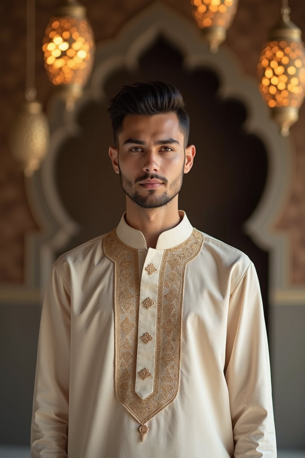 a stunning man in  contemporary modest fashion with traditional touches, capturing their serene look against a backdrop of Islamic geometric patterns and Ramadan decorations