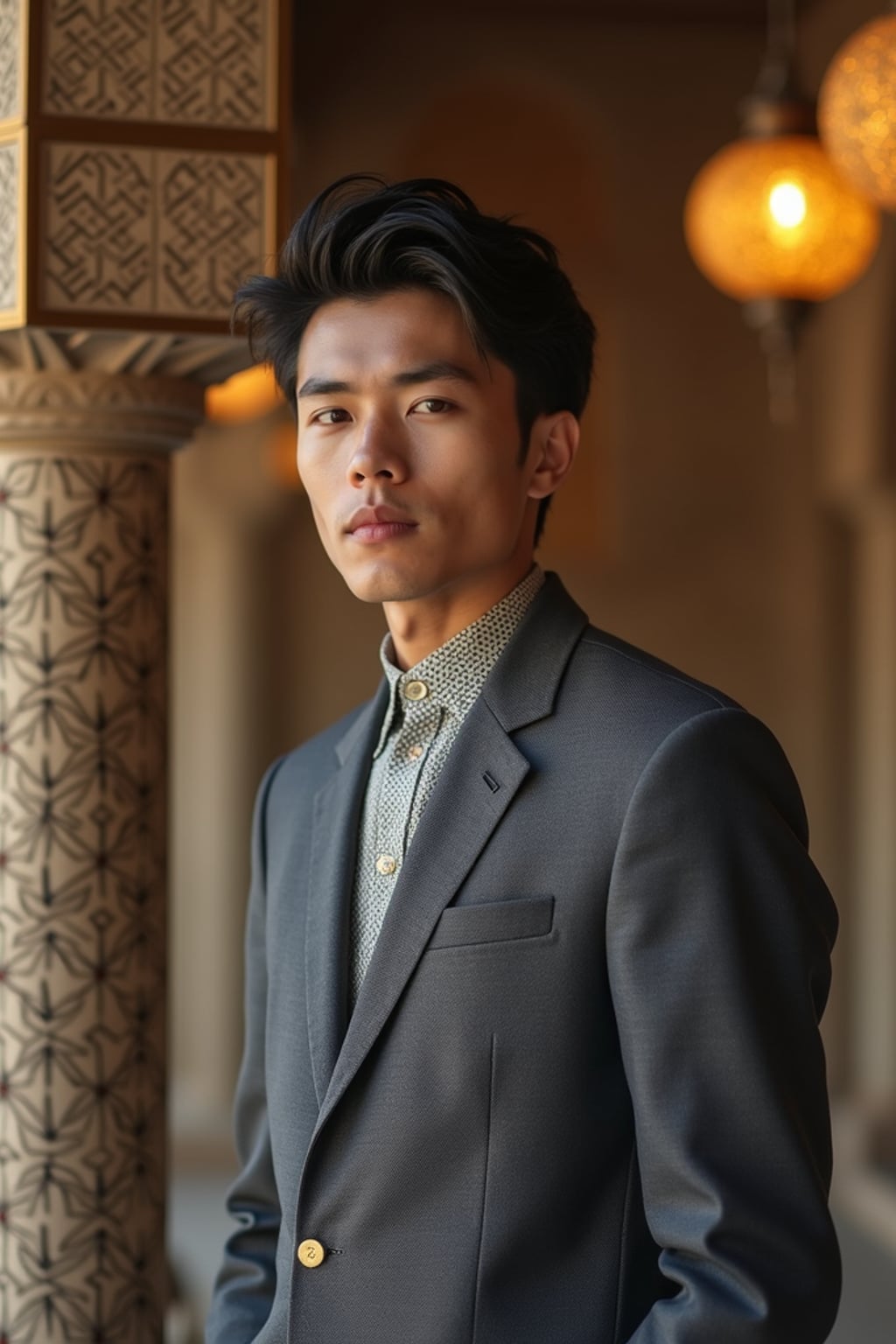 a stunning man in  contemporary modest fashion with traditional touches, capturing their serene look against a backdrop of Islamic geometric patterns and Ramadan decorations