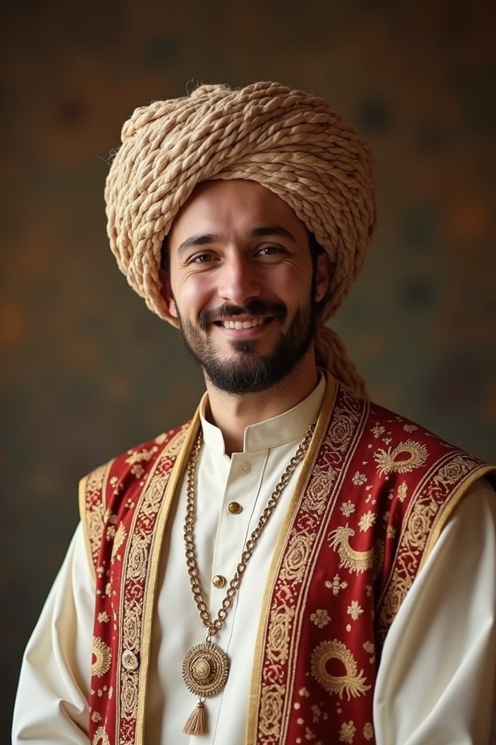 a stunning man in  traditional Eid attire, embodying the joy and gratitude of the holiday