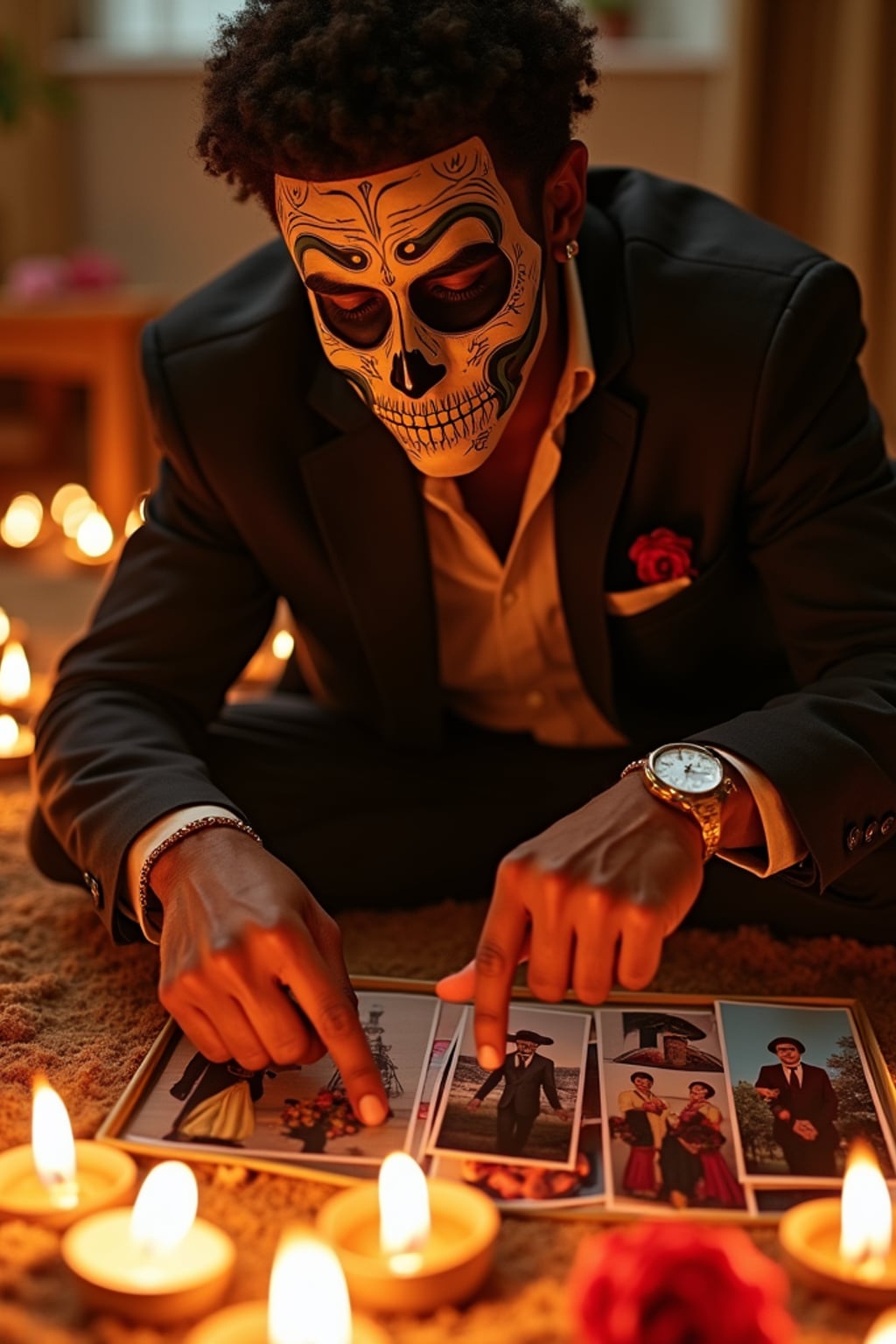 a man enjoying the Día de los Muertos atmosphere, with  hands arranging photos on an ofrenda, radiating respect and celebration of life