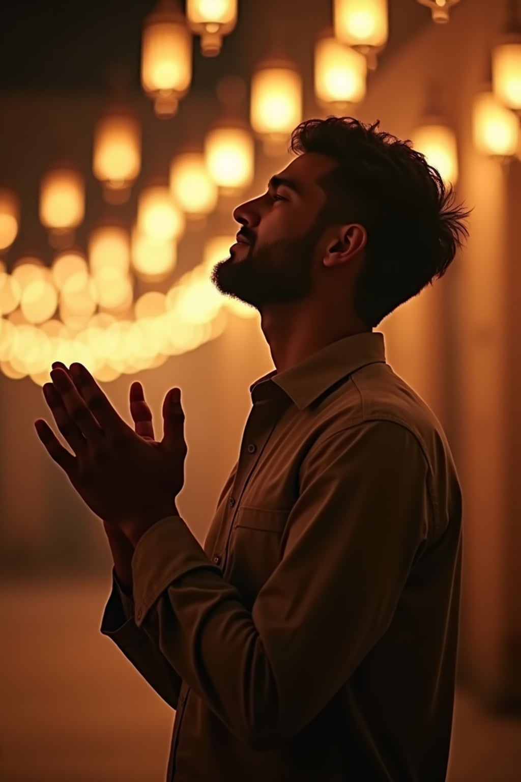 a man enjoying the Ramadan atmosphere, with  hands raised in prayer under soft lantern light, radiating peace and spirituality