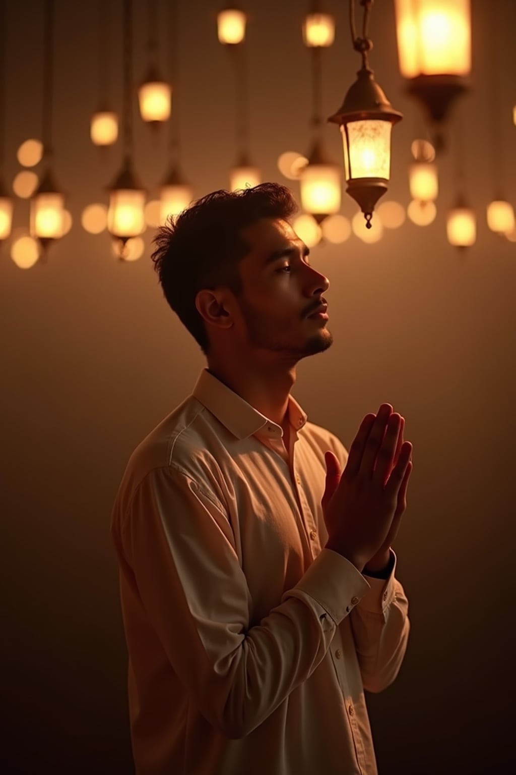 a man enjoying the Ramadan atmosphere, with  hands raised in prayer under soft lantern light, radiating peace and spirituality