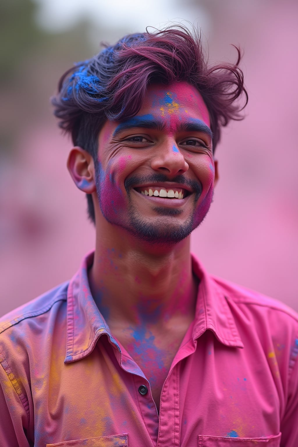an incredibly attractive man during Holi celebrations, face and clothes covered with pink, blue, and yellow powders, smiling radiantly in the midst of color clouds