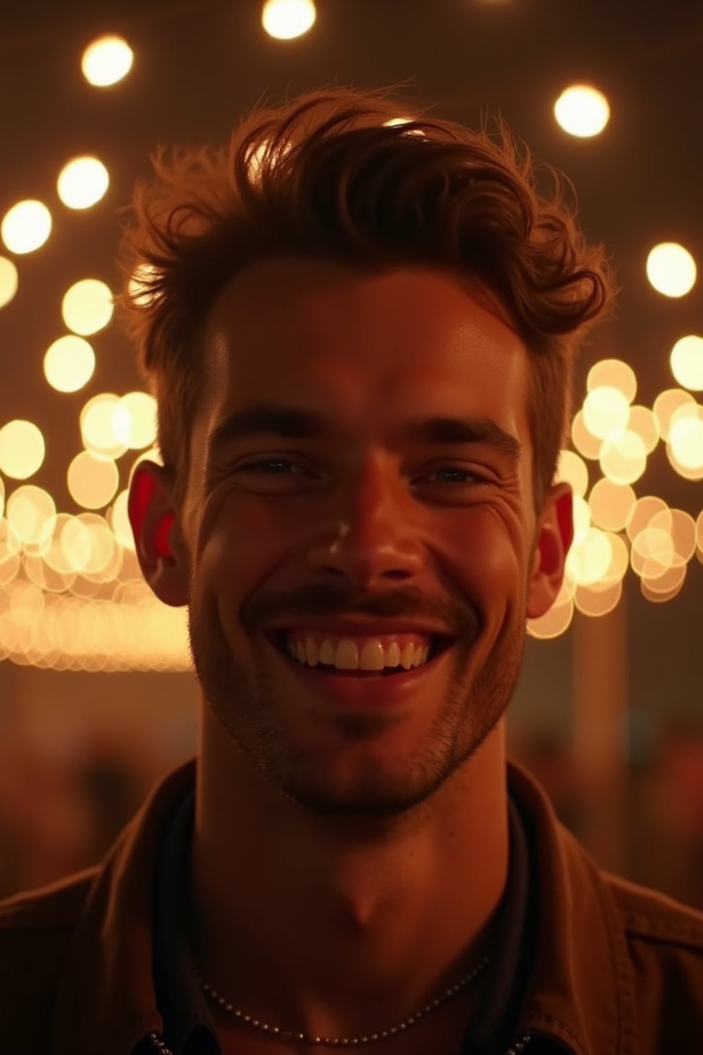 a man with  face with a joyful expression in the glow of Eid lights, capturing the happiness that defines this blessed holiday