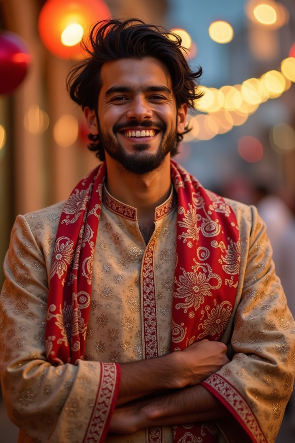 a man in  traditional Eid clothes, capturing their joyful energy during the end of Ramadan celebrations, with henna designs and festive decorations