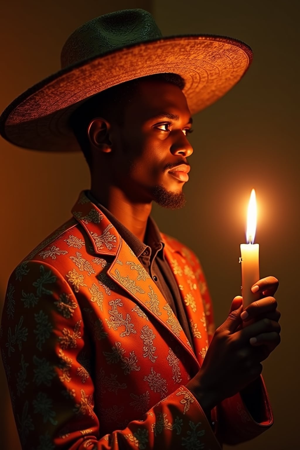 a man in  an elegant Catrín outfit with traditional hat, striking a pose with beautiful marigold petals and candlelight casting warm patterns