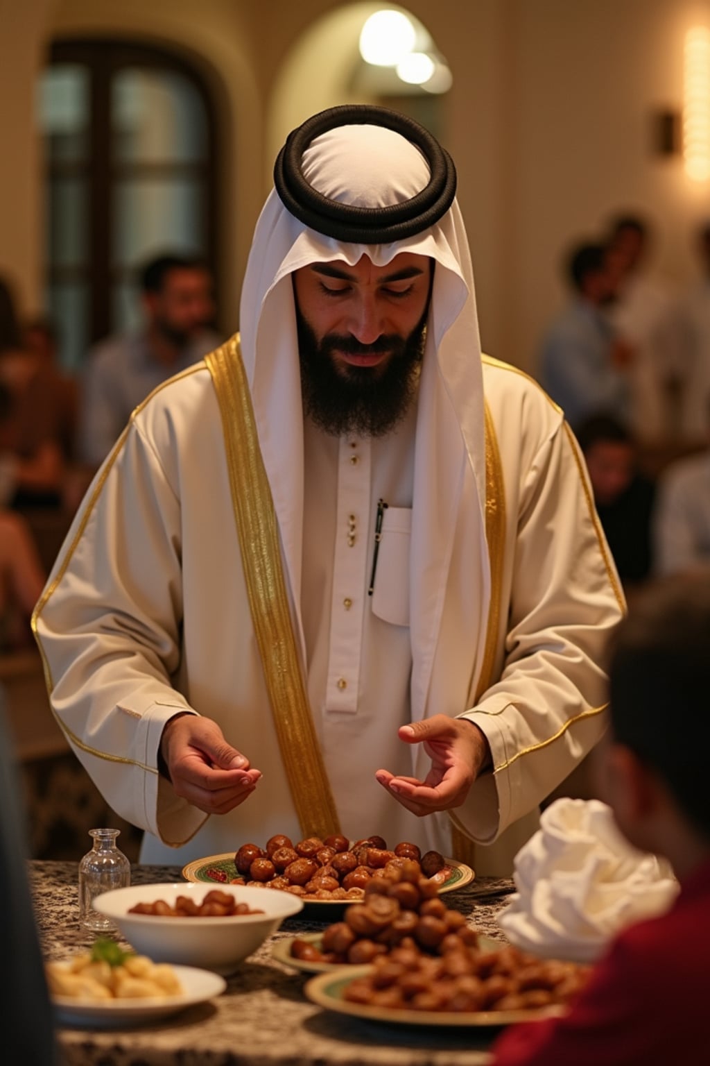 a man in traditional attire during Ramadan, sharing  dates and food with guests, capturing the generous and community spirit of the holy month