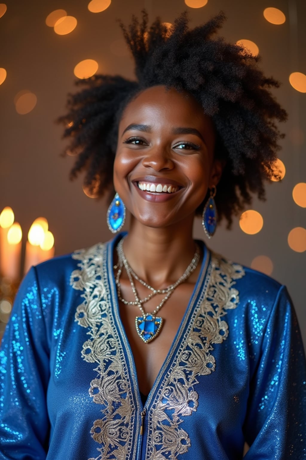 a woman in a festive blue and silver outfit , capturing their joyful energy during Hanukkah celebrations, with dreidels and gelt decorations