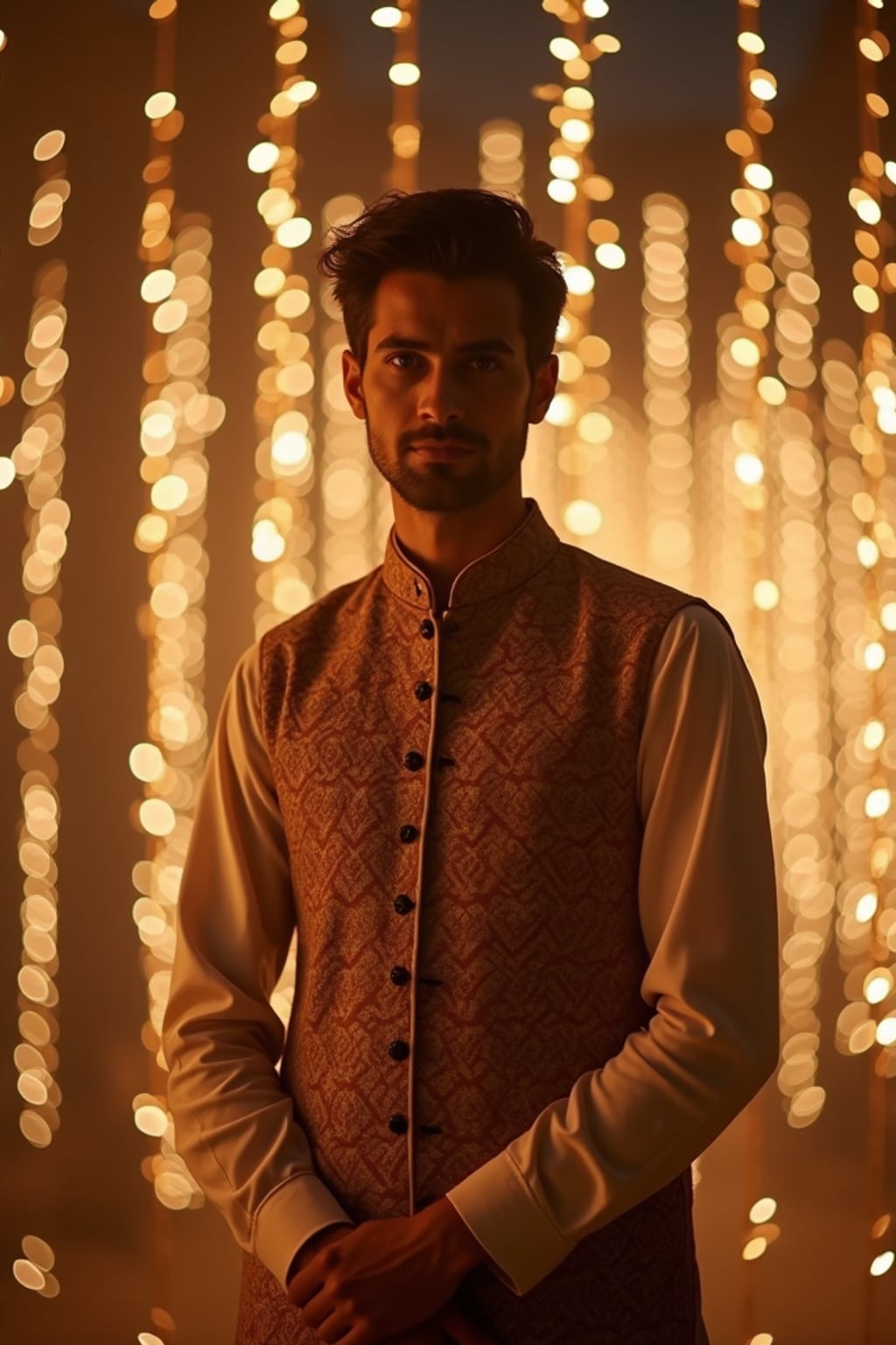 a man in  a festive kurta with traditional vest, striking a pose with beautiful Eid decorations casting intricate light patterns