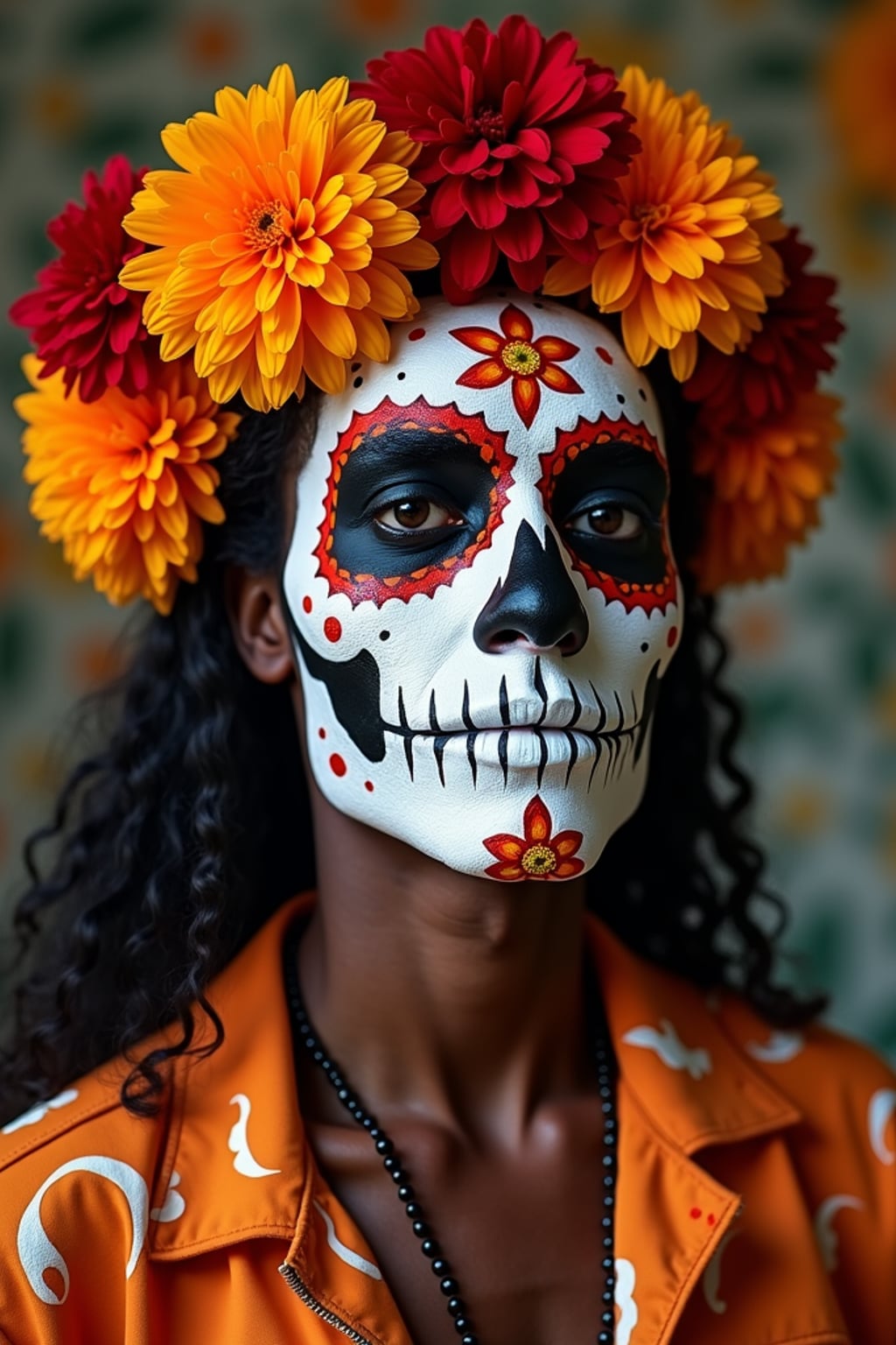 a stunning man with  face painted as a traditional sugar skull with bold patterns, capturing the essence of Día de los Muertos in a room decorated with papel picado and marigold flowers
