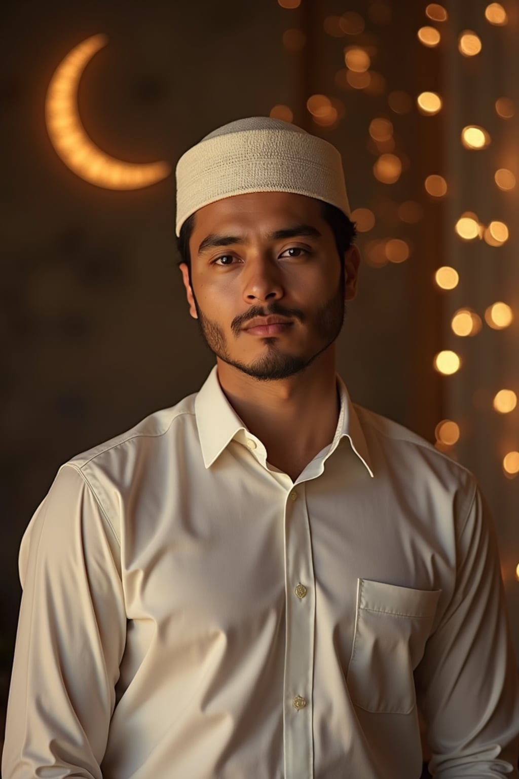 a stunning man with  a traditional cap and formal outfit, capturing the essence of Ramadan traditions in a room decorated with crescent moons and stars