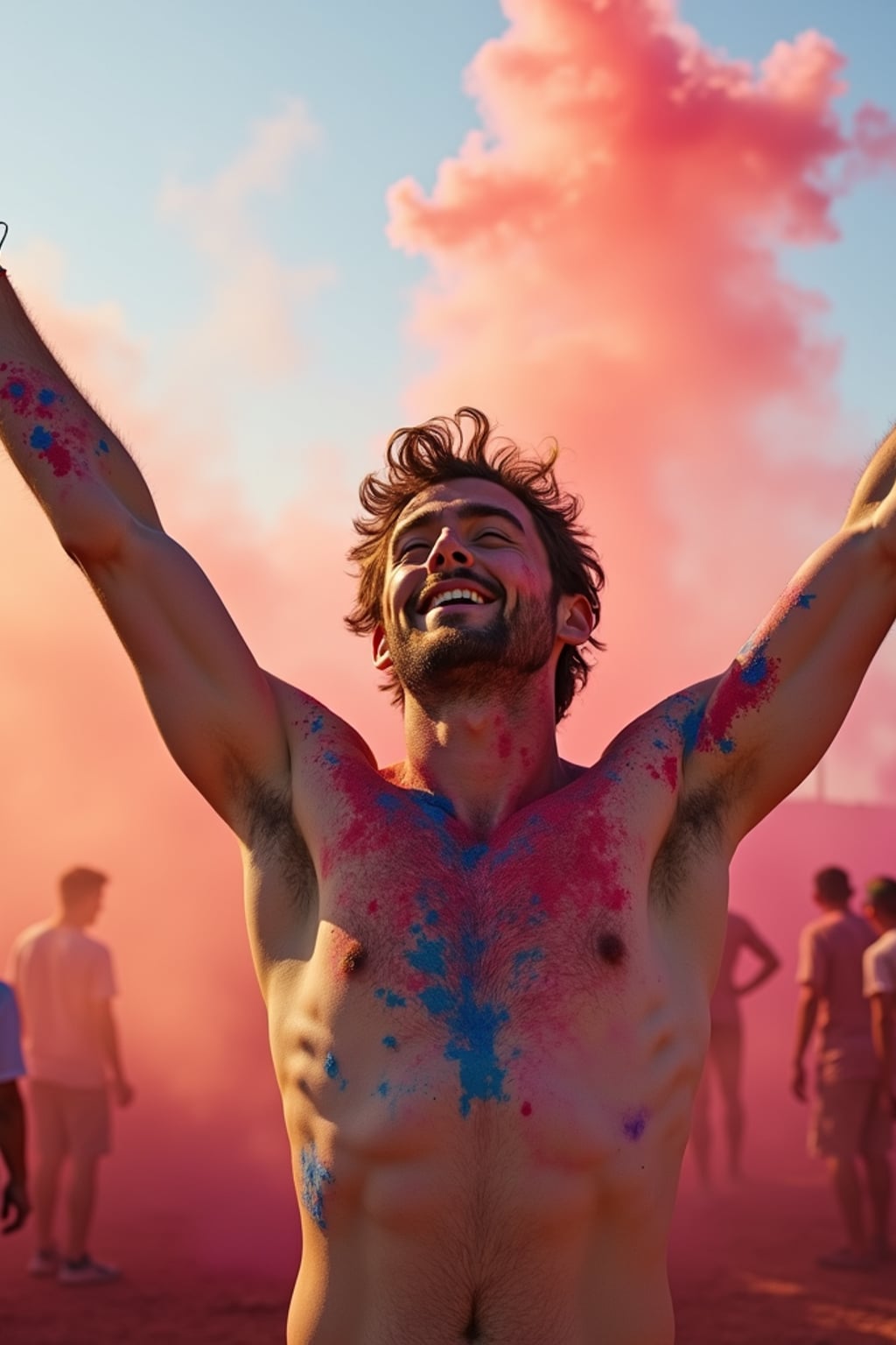 a man with  arms raised in celebration covered in colorful powders, standing out in the festival crowd with vibrant color clouds surrounding them