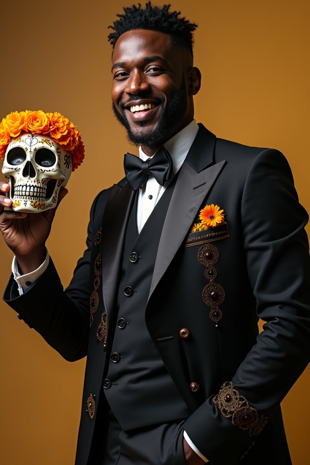 a man in  a crisp dark suit with traditional Mexican details, embodying the joyful and spiritual nature of Day of the Dead, with a sugar skull or marigold in hand