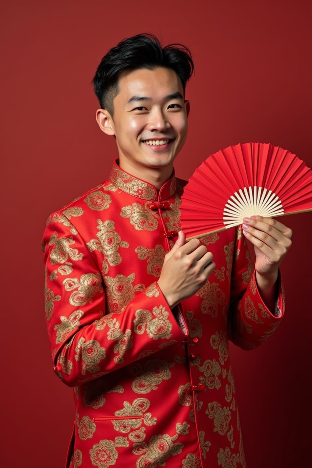 a man in  a festive Tang suit with traditional elements, embodying the joyful and prosperous nature of Chinese New Year, with a red fan or lucky ornament in hand