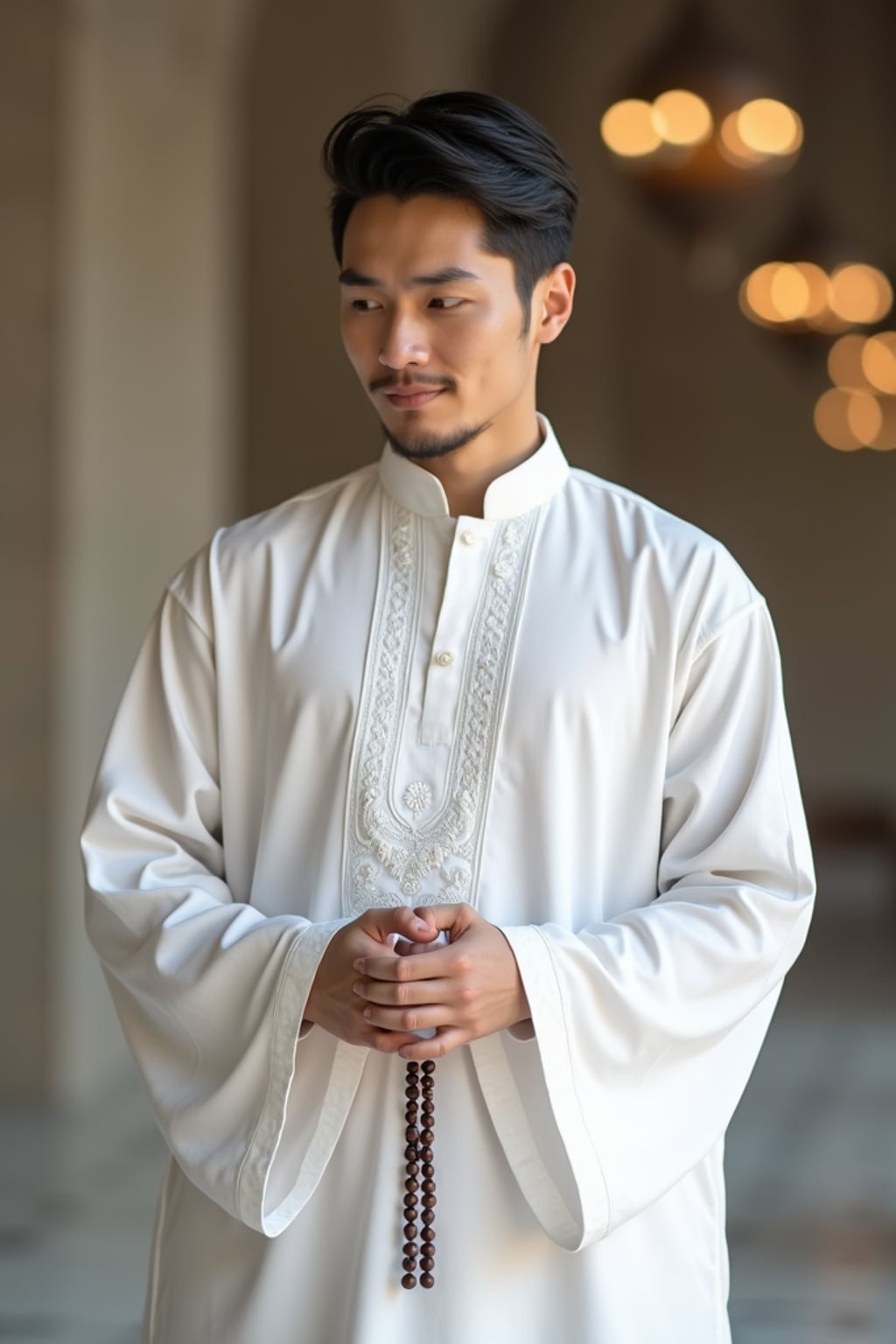 a man in  a crisp white thobe with subtle embellishments, embodying the peaceful and reflective nature of Ramadan, with prayer beads in hand