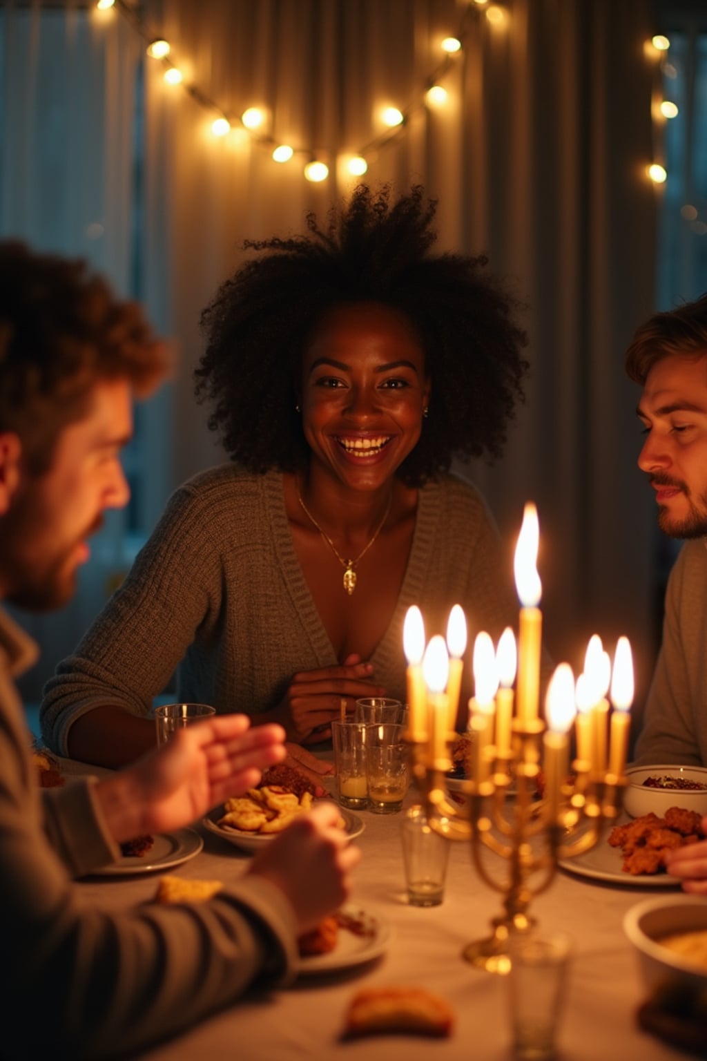 a woman enjoying Hanukkah festivities in the evening, surrounded by family members playing dreidel , with a table full of traditional foods like latkes and sufganiyot