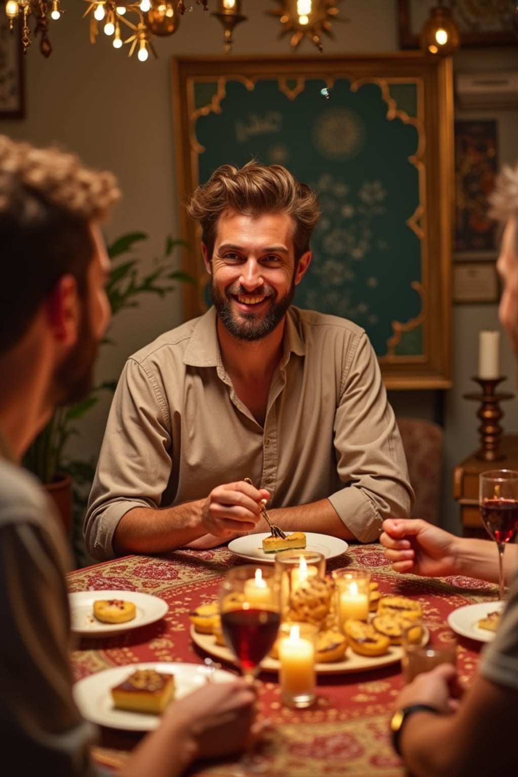 a man enjoying Eid festivities, surrounded by  friends gathering for celebration, with a table full of traditional sweets and treats