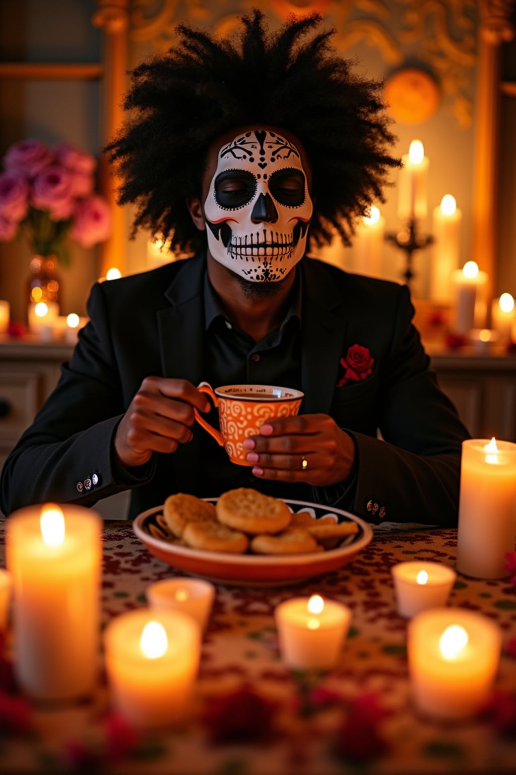 an incredibly attractive man during Día de los Muertos celebrations, surrounded by glowing candles and ofrendas, enjoying traditional pan de muerto and Mexican hot chocolate on a beautifully decorated altar