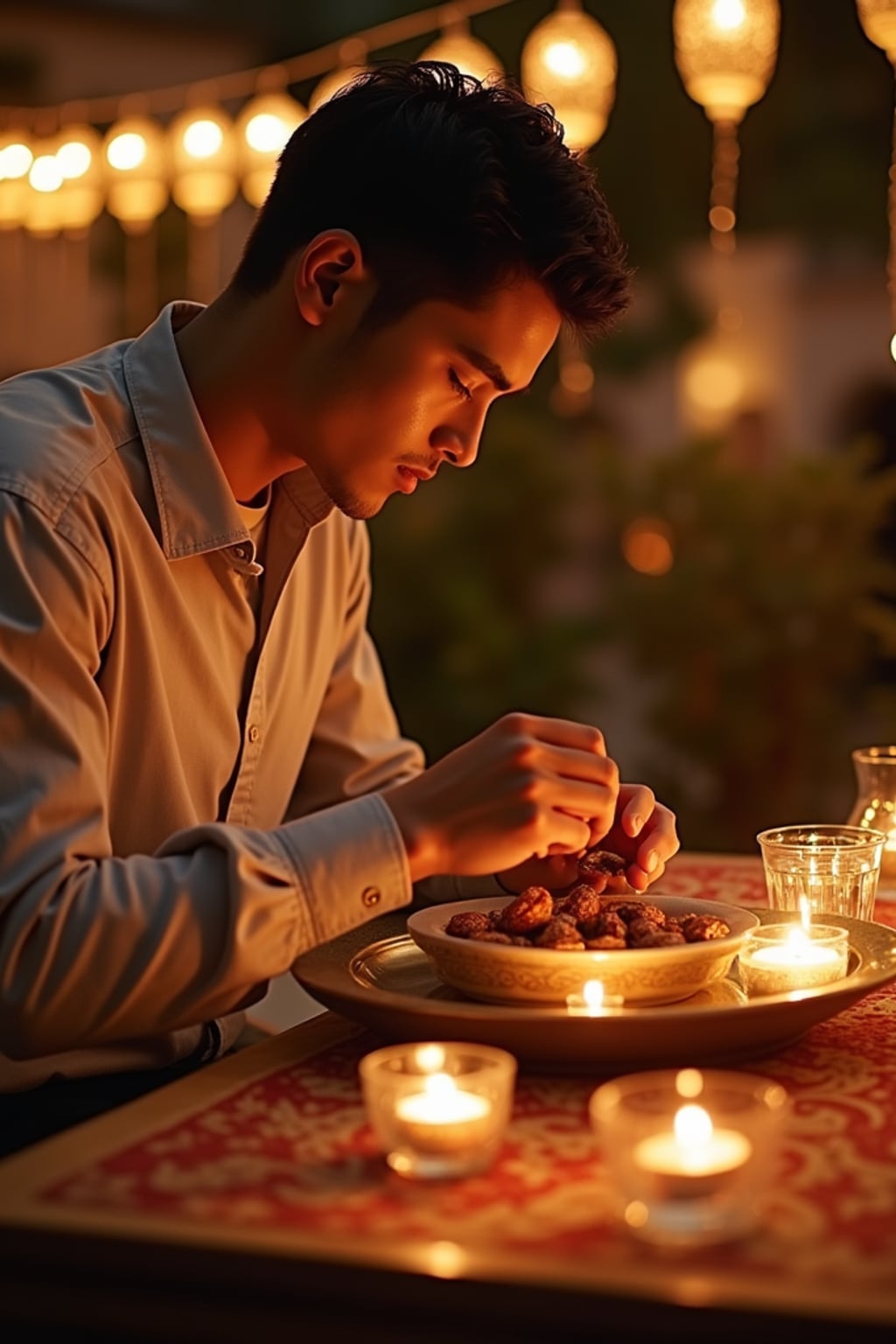 an incredibly attractive man during Ramadan evening celebrations, surrounded by glowing fanous lanterns, preparing for iftar with dates and water on a beautifully decorated table