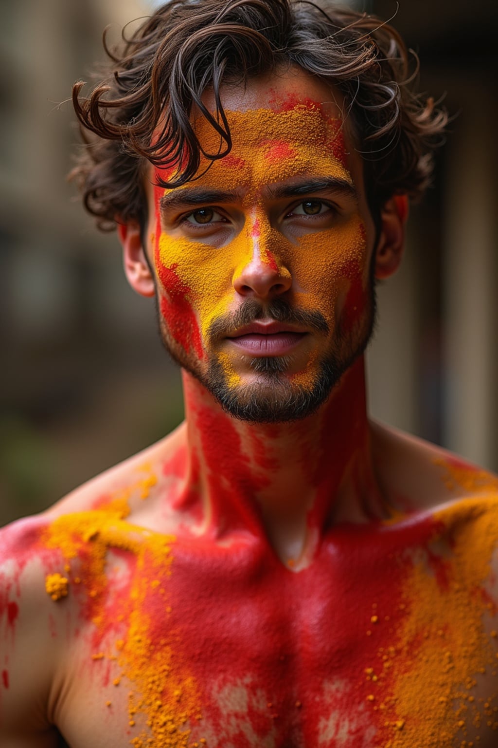 a man with  face and chest decorated with red and yellow festival colors, capturing the artistic expression that defines this ancient celebration