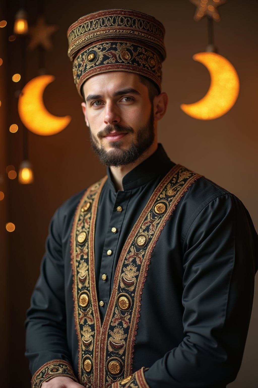 a stunning man with  a traditional cap and formal outfit, capturing the essence of Eid traditions in a room decorated with crescent moons and stars