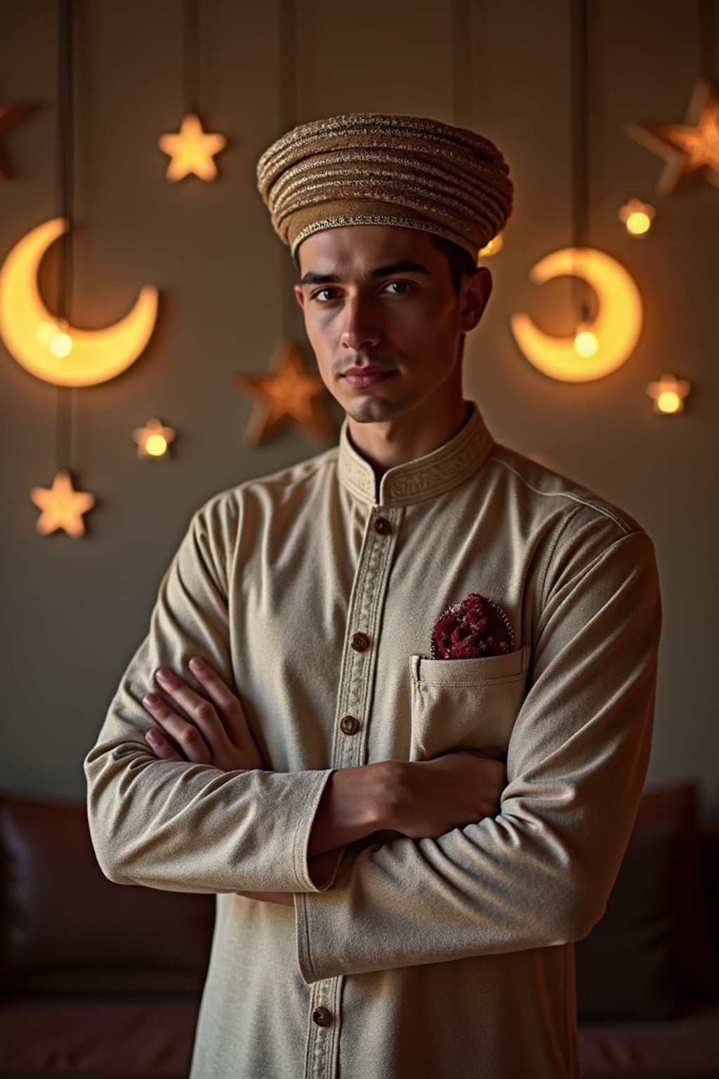 a stunning man with  a traditional cap and formal outfit, capturing the essence of Eid traditions in a room decorated with crescent moons and stars