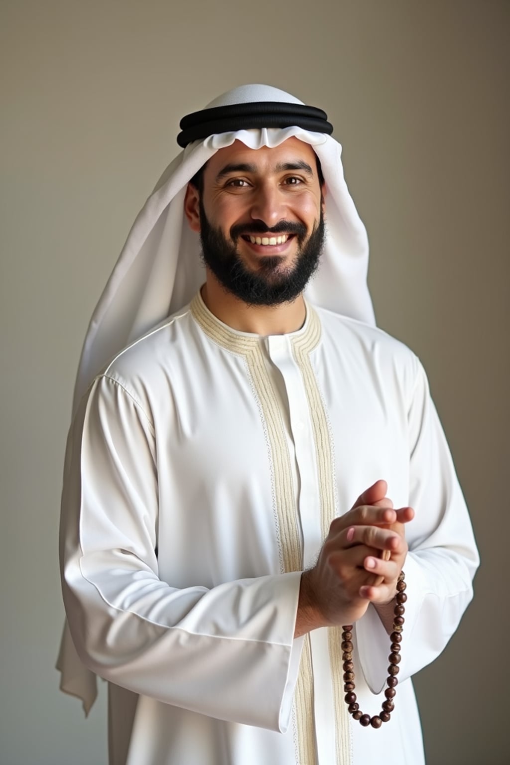 a man in  a crisp white thobe with subtle embellishments, embodying the joyful and blessed nature of Eid, with prayer beads in hand