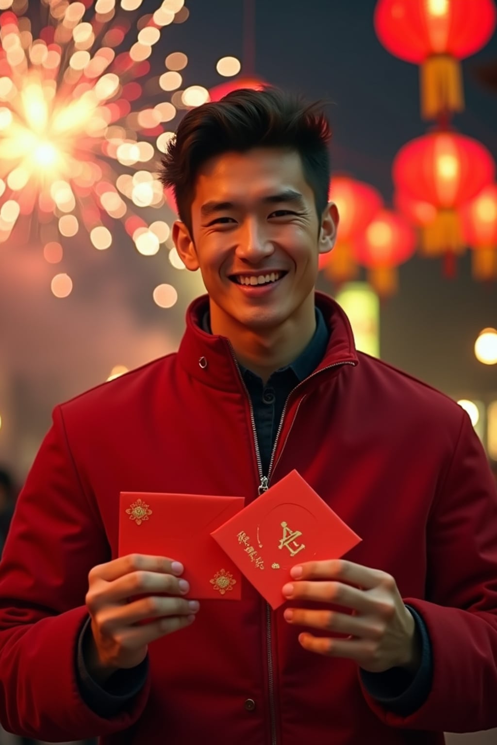 a man with  a prosperous look while giving red envelopes, adding a festive quality to their celebration, with fireworks and lanterns visible in the background