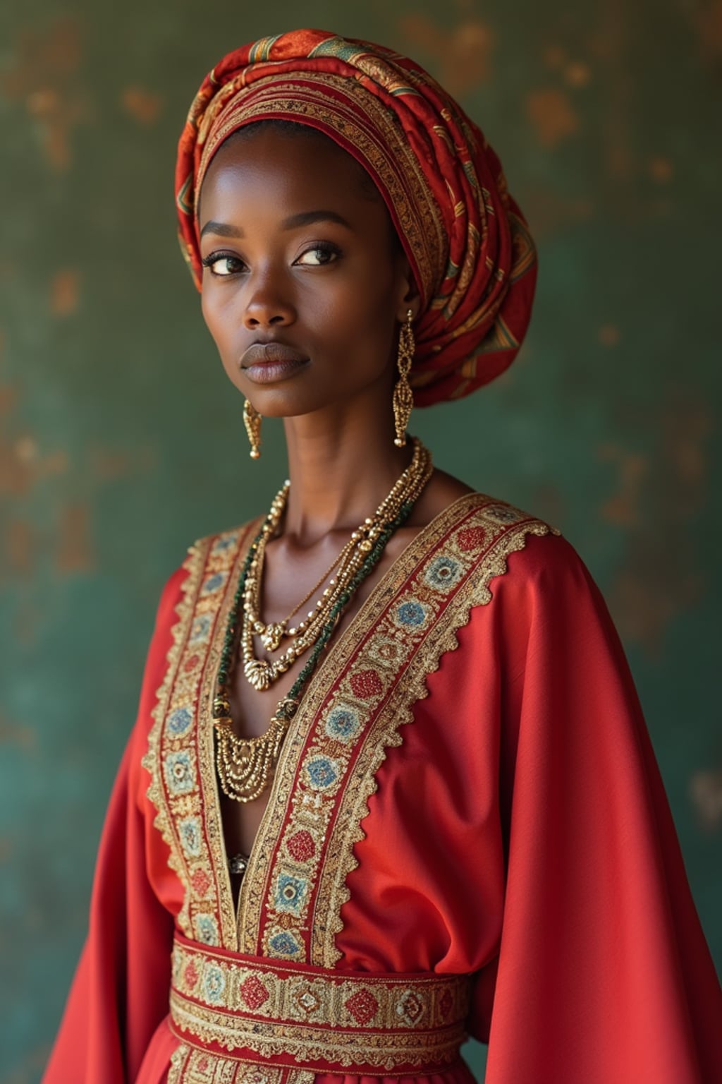 a woman in a traditional outfit with modern modest fashion elements , embodying the balance of tradition and contemporary life during Ramadan