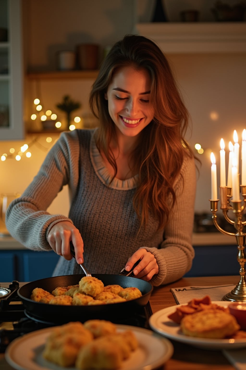 a woman with a happy expression while frying latkes in a warm kitchen , adding a festive quality to their celebration, with menorah lights and blue and gold decorations visible in the background